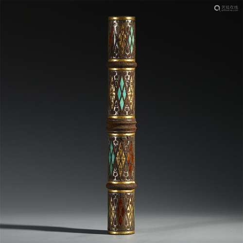 CHINESE GOLD TURQUOISE INLAID BRONZE INCENSE CAGE