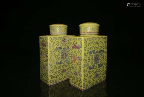Pair of enamel tea caddy and cover--H:15cm high- H:15cm