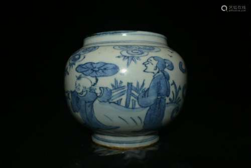 Blue and white figure grain The jar: Ming dynasty inscr