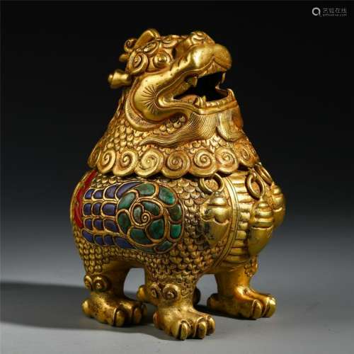 CHINESE GILT BRONZE BEAST INCENSE CAGE