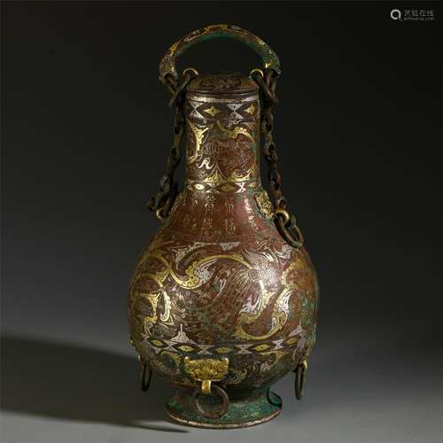 CHINESE SILVER GOLD INLAID BRONZE LIDDED VASE