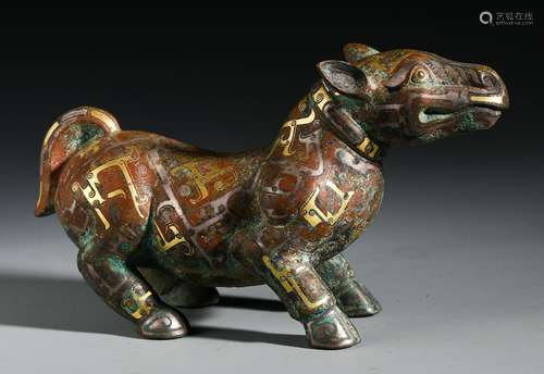 CHINESE SILVER GOLD INLAID BRONZE HORSE