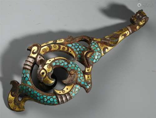 CHINESE GOLD TURQUOISE INLAID BRONZE DRAGON BELT HOOK