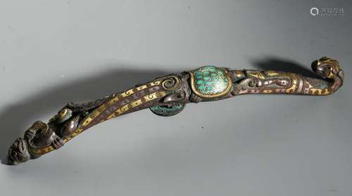 CHINESE GOLD TURQUOISE INLAID BRONZE DRAGON BELT HOOK