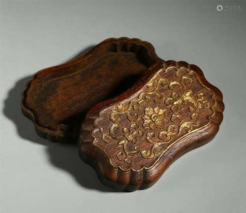 CHINESE GOLD PAINTED HARDWOOD ZITAN LIDDED BOX