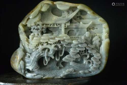 Natural Hetian Jade Statue w Poet & Pine Tree With MA