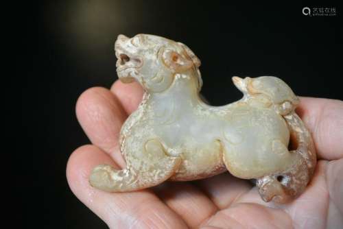 Blue and White Jade Carving of A Chimera, Bixie