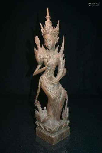 A Beautiful and Rare Wood Carved GuanYin Figure- H:35.6