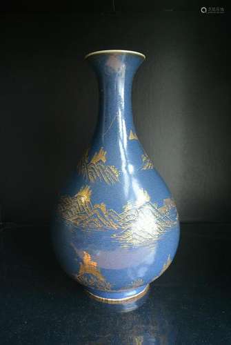 Blue glaze Passage Outline in Gold Landscape Fishing Or