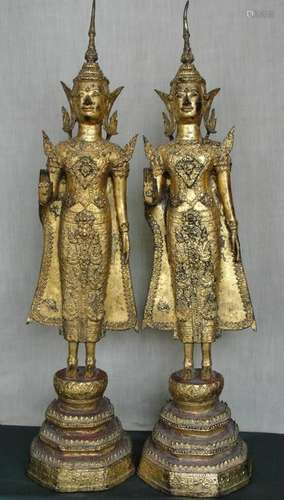 A Pair Of Gilt Standing Buddha Statue, 18Th. C. or More