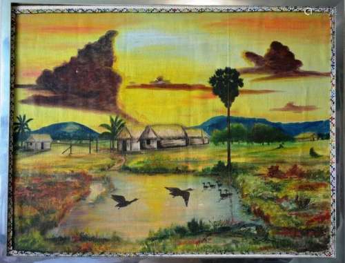 Signature old oil painting, Southeast Asia tropical sce