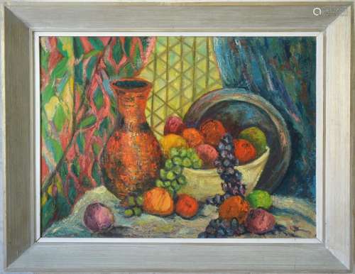 Old still-life oil painting, old cardboard oil painting
