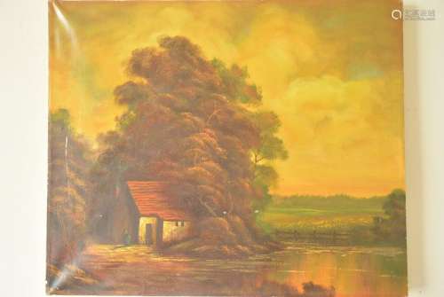 Vintage Oil Painting: Evening Landscape in Europe - Ame