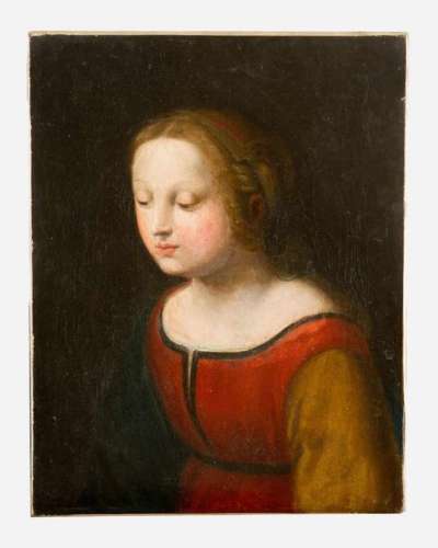 Raffael Sanzio (1483-1520)- follower. Portrait of a girl looking down to the side in front of dark