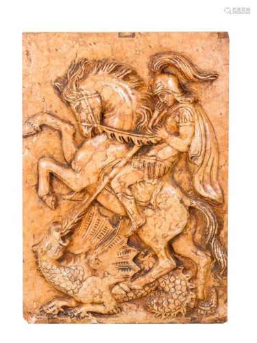Rosso Verona stone plinth in rectangular shape with sculpted st. George and the Dragon in half