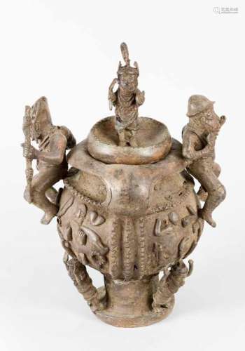 African Bronze Pot. Cylindrical shape with one lid and figural decorations. Bronze cast with