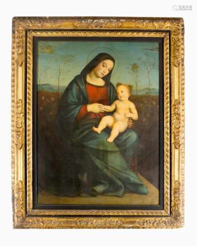 Francesco Francia (1450-1517) – school. Madonna with child in landscape, oil on canvas, framed,
