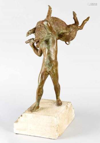 Italian Sculptor, Hercules and the Boar. Bronze Cast with original Patina and verdigris on stone
