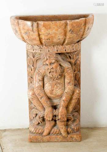 Early marble Basin with deeply and richly sculpted feet with wild men and floral decorations on