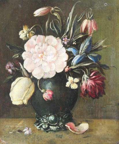 Ambrosuis Boschaert (1573-1621)- follower. Still life with flowers in a vase. Oil on Copper.23.