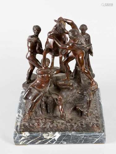 Italian Sculptor, The Farnese Bull. Bronze-cast with light brown patina on rectangular white