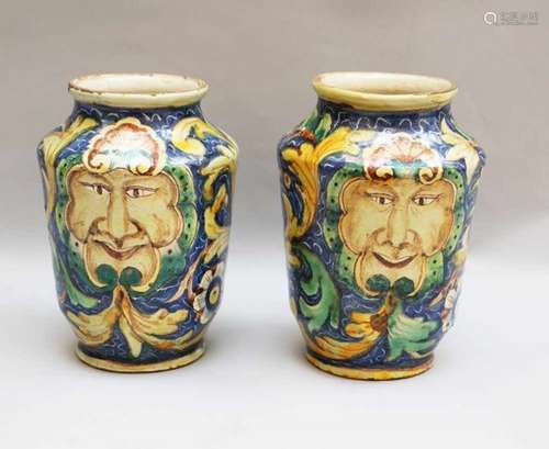 Pair of Sicilian Vases, conical shape with thin neck, ceramic painted with leaves and flowers, in