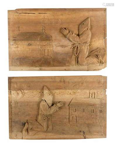 Austrian Artist 18th Century, two carved panels with praying monks on walnut.54 x 89 cm