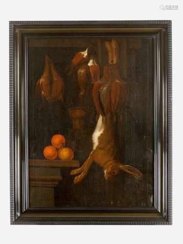 Spanish school, 18 Century. Still life with poultry and hare by a stone collumn with ceramic jug and