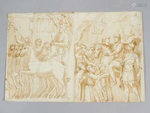 French artist, 18 Century. A Roman emperor on horse and coach surrounded by soldiers, black ink with