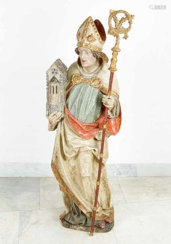 St. Wolfgang with crosier and chapel. Richly folded coat and peaked head. Wood carved with