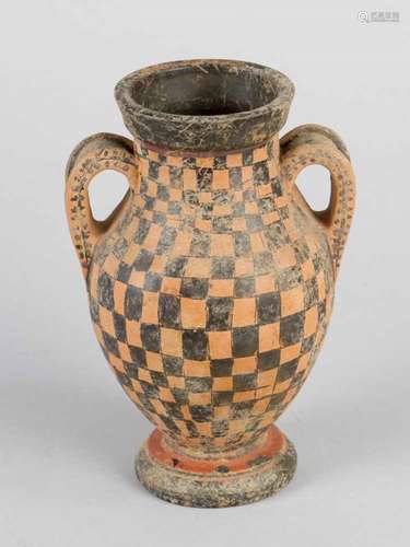 Greek amphora vase. In ancient manner, cylindrical shape, terracotta with two handgrips, black