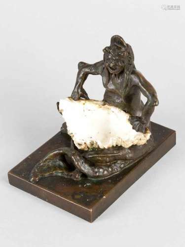 Mermaid Bronze, on rectangular base, bronze cast with original patina, in the centre a shell. Late