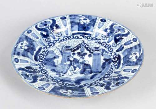 Delft Ceramic Plate, with Chinese painted ornaments and figures, blue on white ground, glazed,