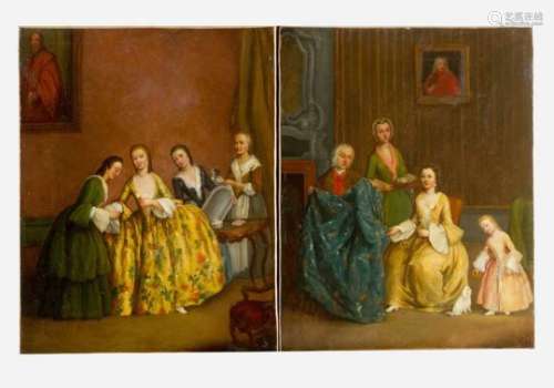 Pietro Longhi (1701-1785)- attributed. Pair of paintings showing a Venetian lady with her tailor and