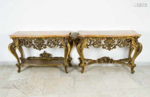 Pair of French Console tables wood curved and gilded .Each on four curved legs, ending in volutes
