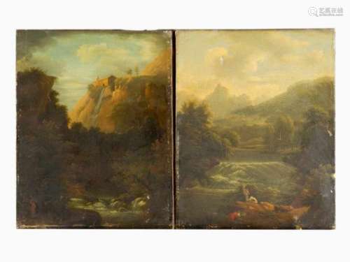 French School early 19th Century , Pair of paintings with landscapes, waterfall and bathers, oil