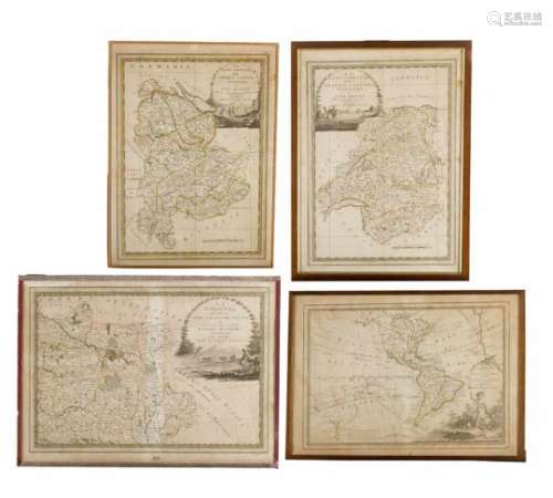 Four printed maps, of different countries, Swiss, Poland, and America, by different cartographers