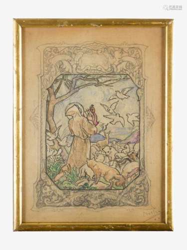 Artist early 20th Century, Saint with animals, black chalk, ink and watercolour on paper, framed