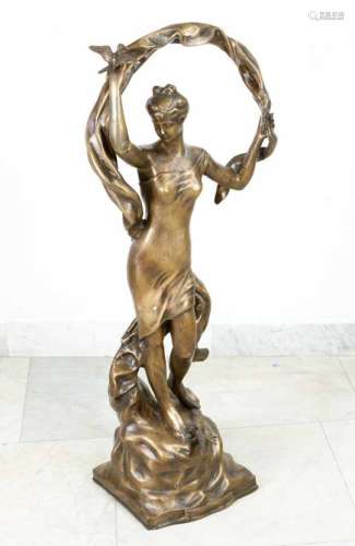 Large bronze sculpture of a gril with birds and scarf on naturalistic base. Light brown Patina,