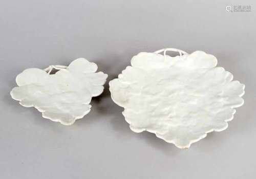 Two Hollitsch Ceramic dishes in form of leaves. White glazed, on the bottom monogrammed HP. 18th