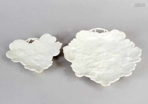 Two Hollitsch Ceramic dishes in form of leaves. White glazed, on the bottom monogrammed HP. 18th