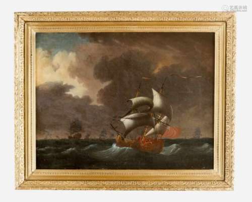 Ludolf Backhuizen (1630-1708)- attributed. British ships on choppy sea. Oil on Canvas, framed.65*