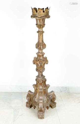 Large baroque Torchere on three legs with thinner and thicker body. Volutes, curves and flowers.