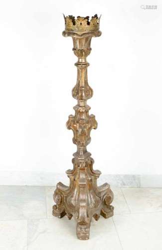 Large baroque Torchere on three legs with thinner and thicker body. Volutes, curves and flowers.