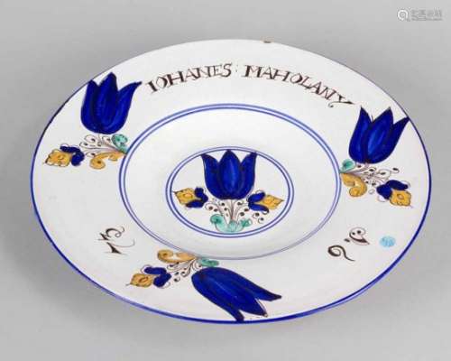 Haban Ceramic dish. Round form with lower centre. Painted with flowers and rings. Described Johannes