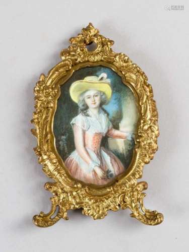 French miniature. Elegant lady with red cap, watercolour on I. Signed lower left Fournier. In a late