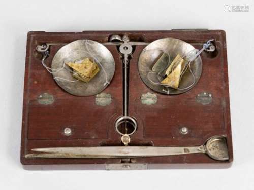 Austrian Travel Scale, with two bowls (silver), several hallmarked weights and pines. In mahogany