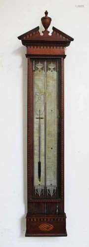 Dutch Barometer, with four glass containers (cylindrical) and scale with descriptions. In mahogany