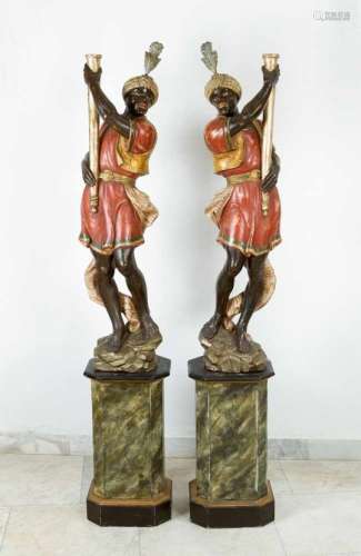 Pair of Venetian Torcheres, with two standing orientals on octagonal bases, wood carved with