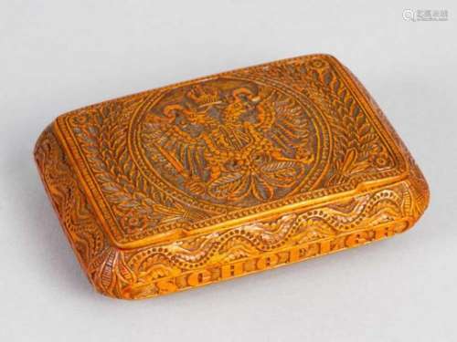Austrian Tobacco Box, wood carved with one lid, on top the Austrian eagle, on the underside coat